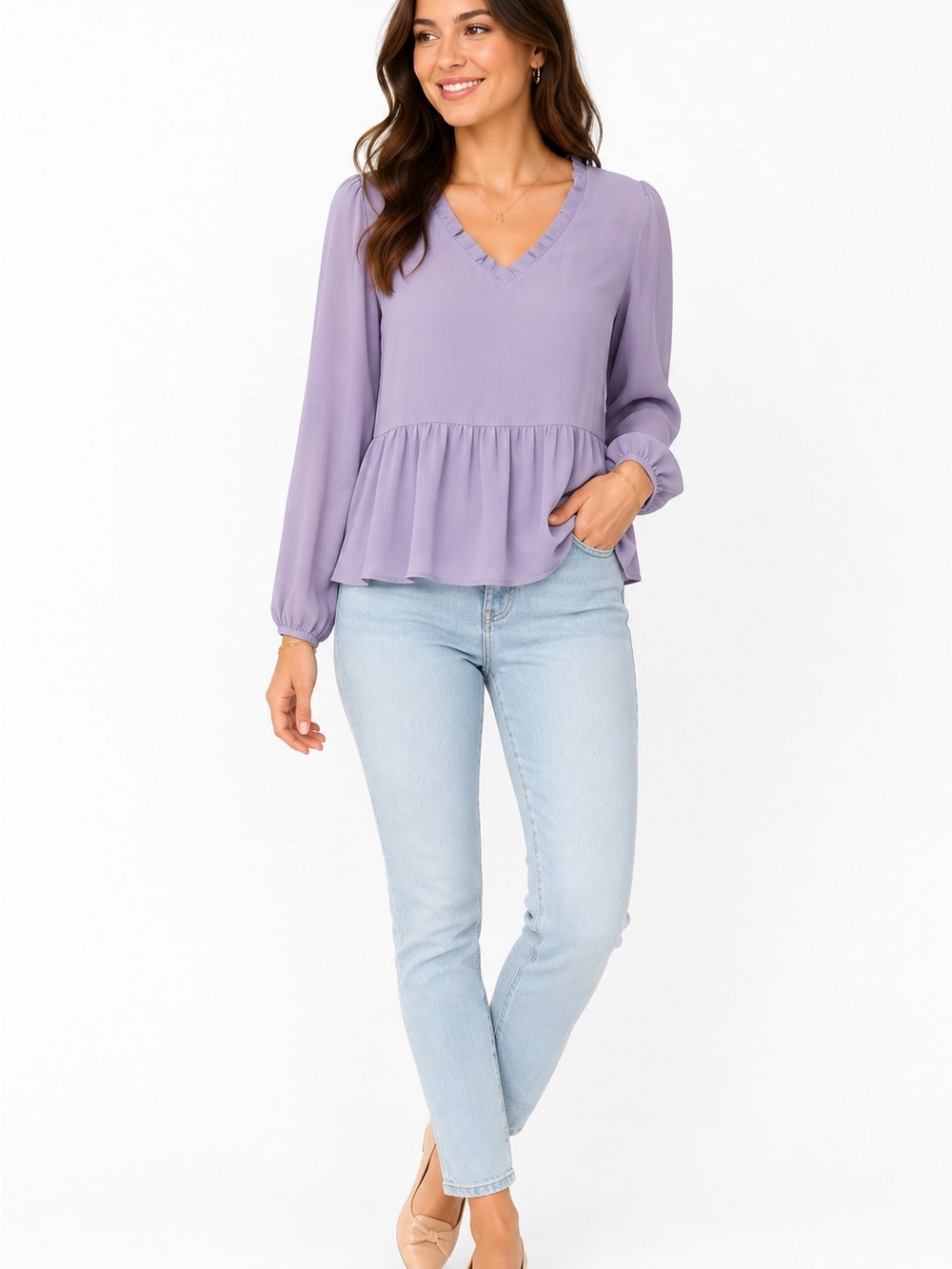 LOFT Outlet Lavender Peplum Blouse Size M Ruffle Neck Long Sleeve Top